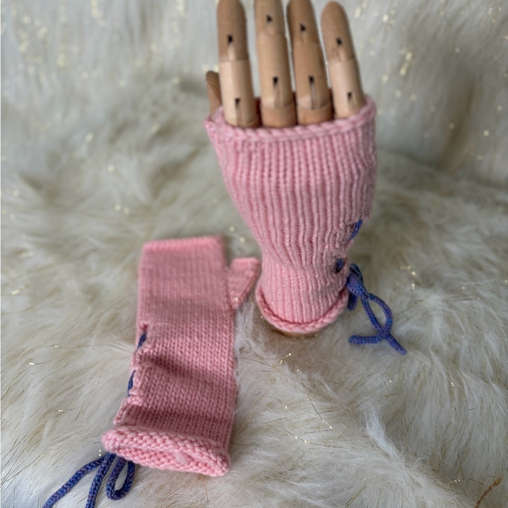 Pink Hand Knit Fingerless Gloves with Purple Tie Accent
